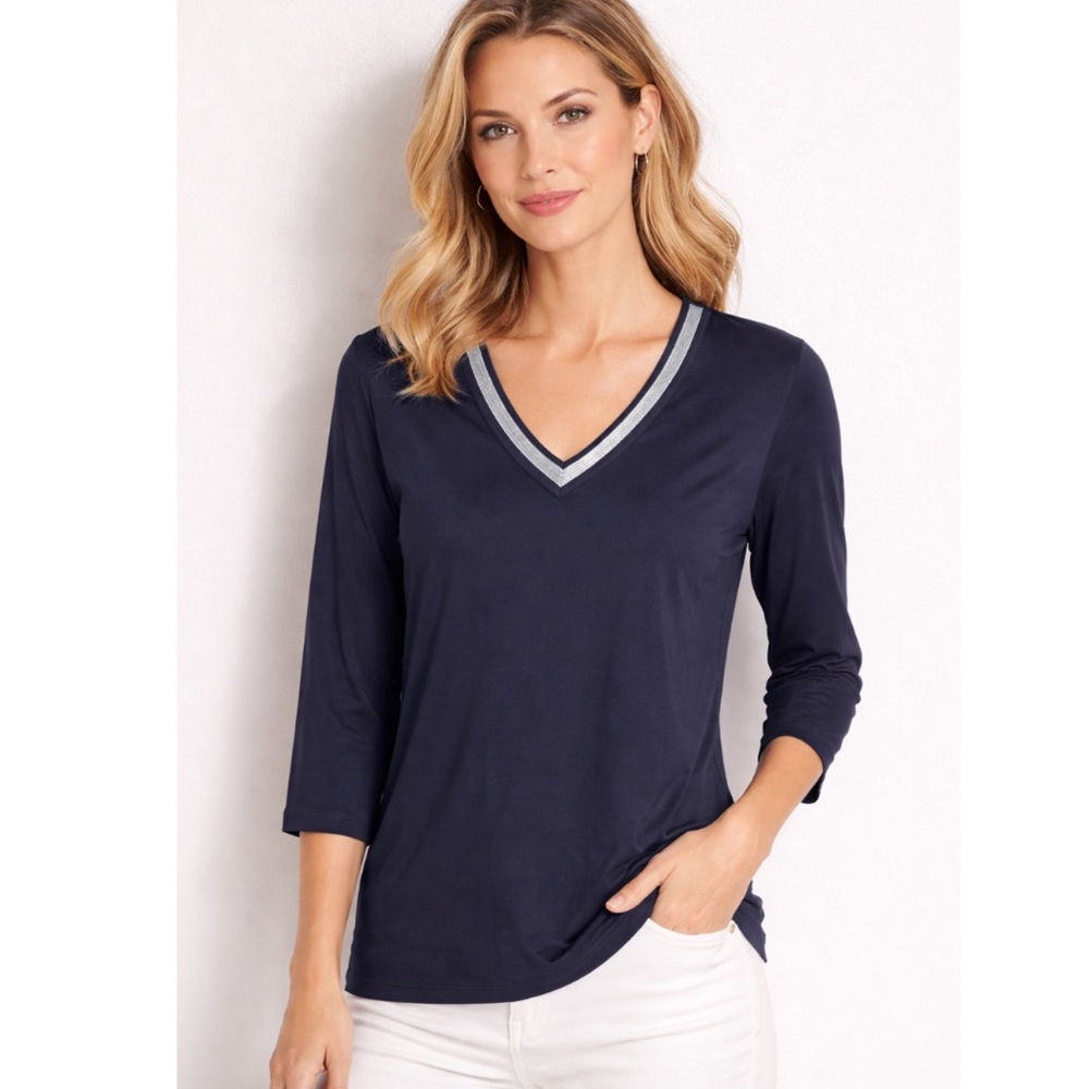 D. EXTERIOR Women’s Size M Navy Blue V-Neck 3/4-Sleeve T-Shirt Top‎